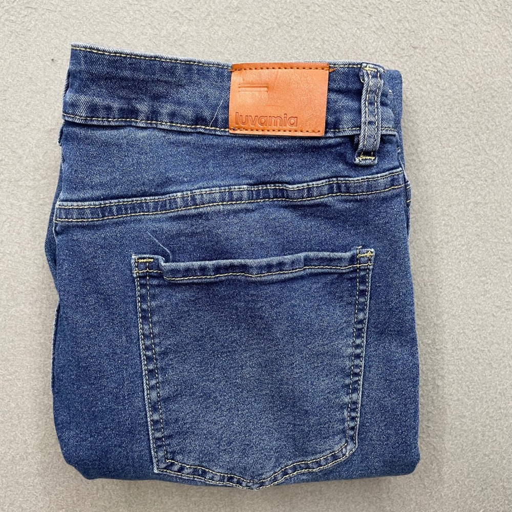 Luvamia Women Jeans Blue Cotton Blend Stretch L High Rise Tapered Cuffed
